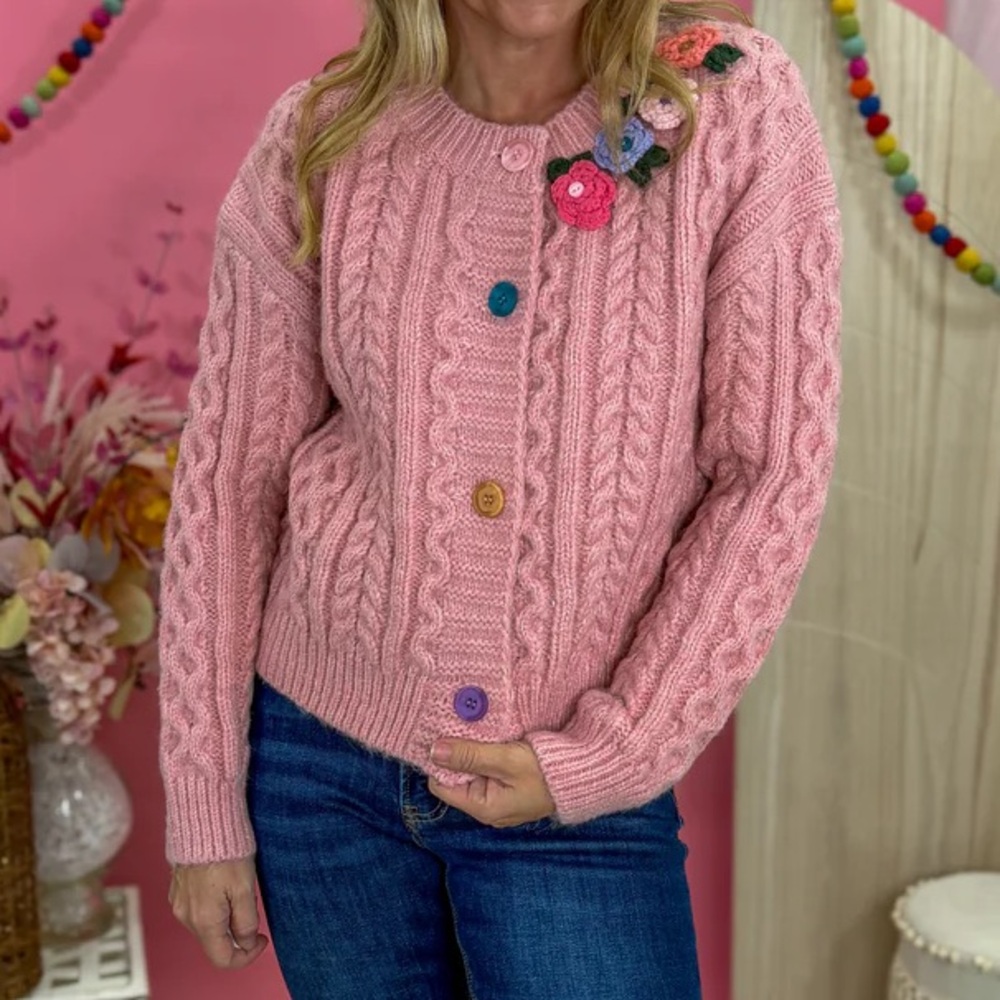 Listicle Women's Pink Cable Knit Button Cardigan Sweater with Floral Accent